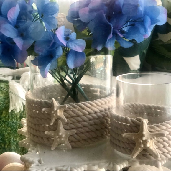 New! Nautical Bleached White Rope Starfish Glass Hurricane - Picture 3 of 6